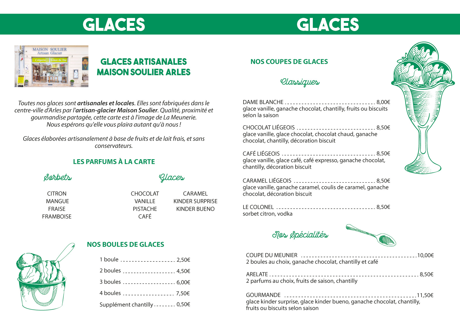 carte-glaces-la-meunerie-restaurant glacess meunerie restaurant arles shopping promenade