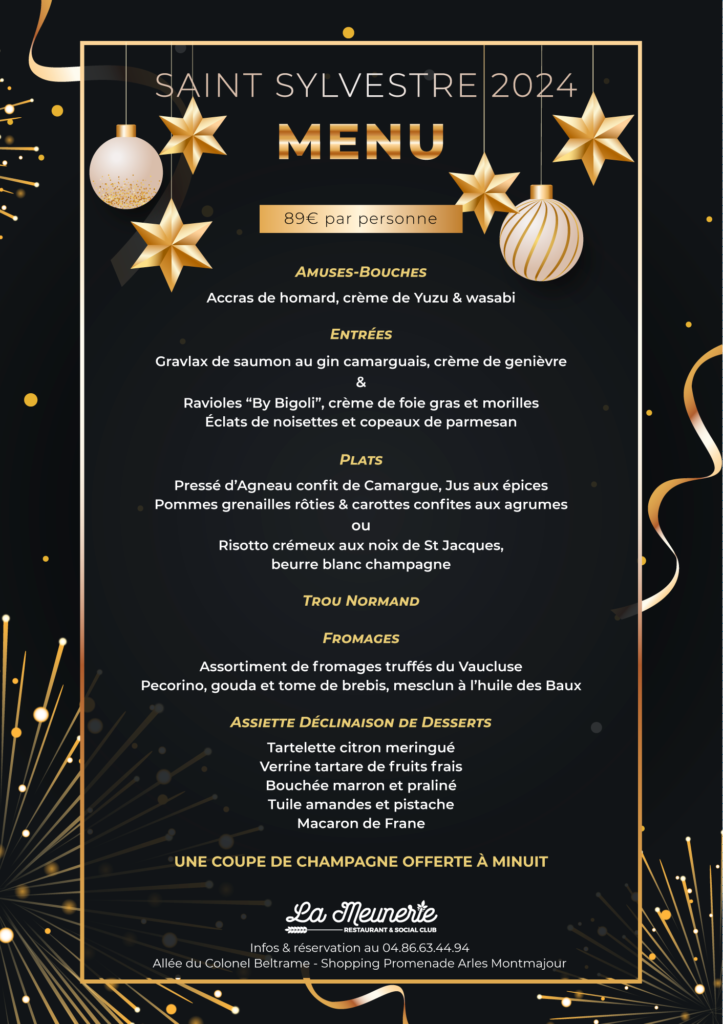 menu reveillon nouvel an arles La Meunerie Restaurant