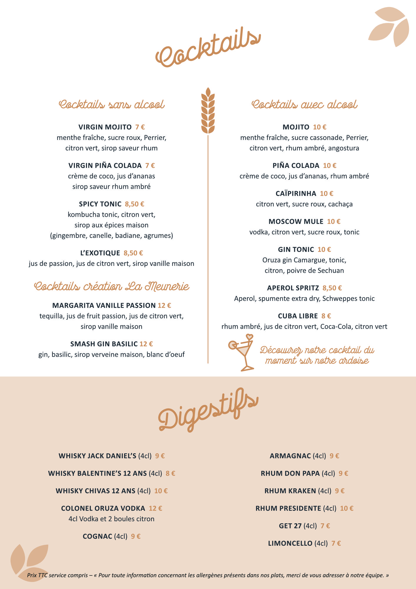 carte boissons La Meunerie Restaurant Arles