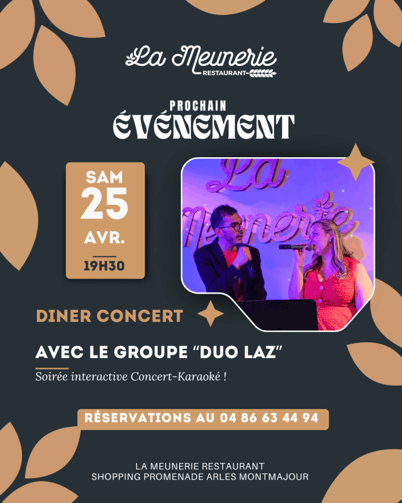 DINER CONCERT DUO LAZ avr 2026-post-LA MEUNERIE RESTAURANT ARLES diner concert duo laz restaurant la meunerie arles