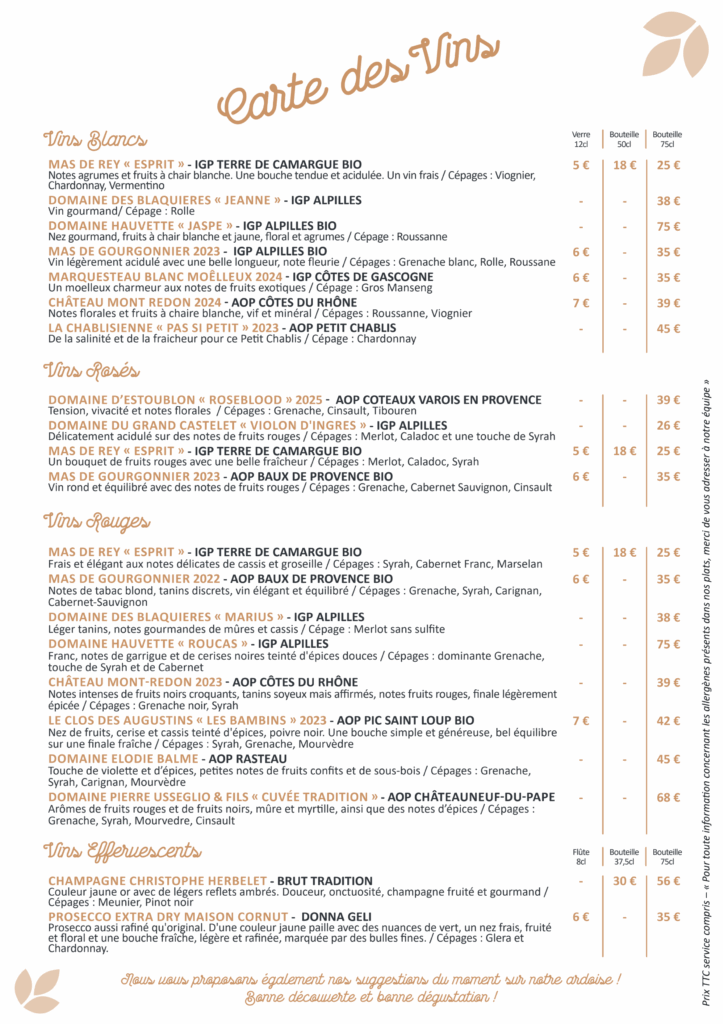 carte vins la meunerie restaurant arles